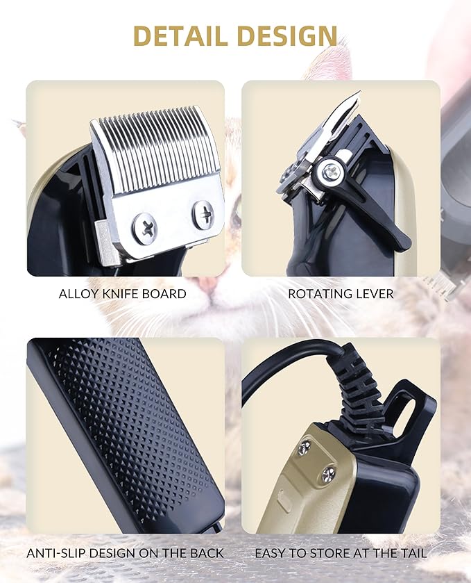 Dog Clippers for Grooming with 12V High Power Plug-in for Thick Heavy Coats Quiet, Pet Electric Professional Hair Grooming Clippers kit with 10 Metal Guard Combs Brush for Dogs Cats Pets (Gold)