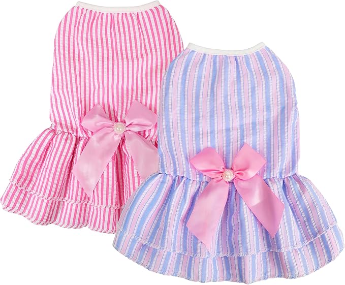 Dog Dress, Cute Pet Princess Dresses with Bright Color Design, Sweet Bowknot, Dog Clothes for Small Dogs Girl, Breathable & Lightweight, for Spring Summer, 2 Pack (Rose PinkBlue, Medium)