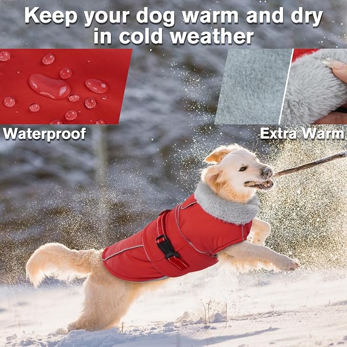 Lelepet Warm Dog Coat - Reflective Waterproof Fleece Vest with Adjustable Buckle Hook & Loop, Windproof Winter Jacket Dog Coats for Small Medium Large Dogs, Red, XXL