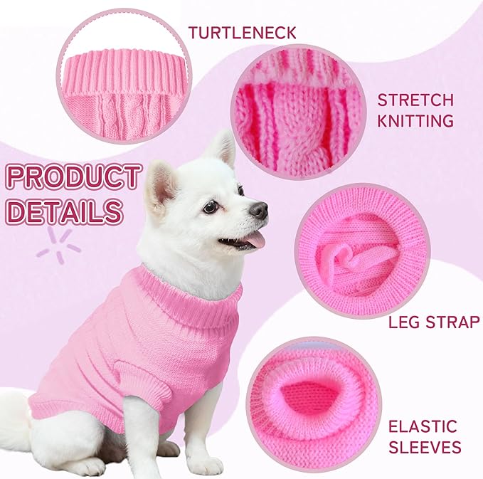 Knitted Dog Sweater for Small Dogs, Pullover Turtleneck Pet Sweaters, Winter Dog Clothes, Warm Soft Winter Holiday Cat Sweater, Pink, XS