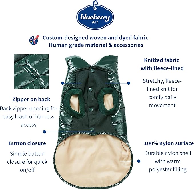 Blueberry Pet Cozy & Comfy Windproof Lightweight Quilted Fall Winter Glossy Dog Puffer Jacket in Hunter Green, Back Length 15.75", Size 14, Warm Coat for Medium Dogs