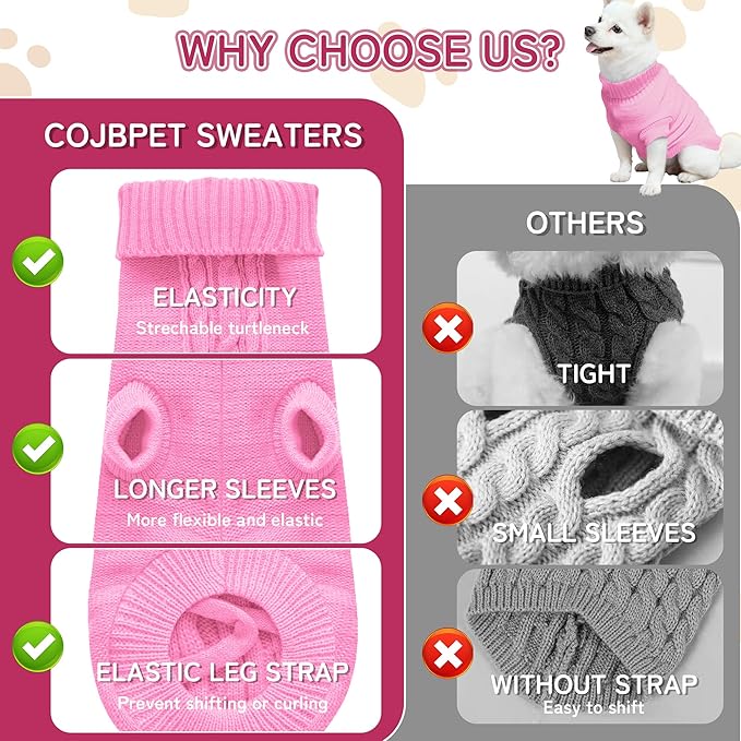 Knitted Dog Sweater for Small Dogs, Pullover Turtleneck Pet Sweaters, Winter Dog Clothes, Warm Soft Winter Holiday Cat Sweater, Pink, XS