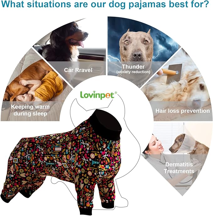 LovinPet Pet Pajamas for Pit Bulls, Full Coverage Dog Pjs with Black Trim, Decoupage Ink Print, Post Surgery Shirt, UV Protection, Pet Anxiety Relief Shirt, Large Dog Jammies, Pitbull Clothes, XL
