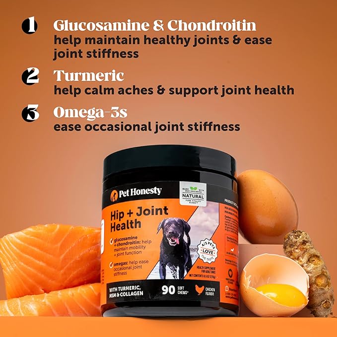 Pet Honesty Hip & Joint Health - Soft Chews for Dogs, Joint Supplement with Glucosamine Chondroitin, MSM, Turmeric, Joint Support + Mobility, May Reduce Occasional Discomfort (Bacon 90 Count)