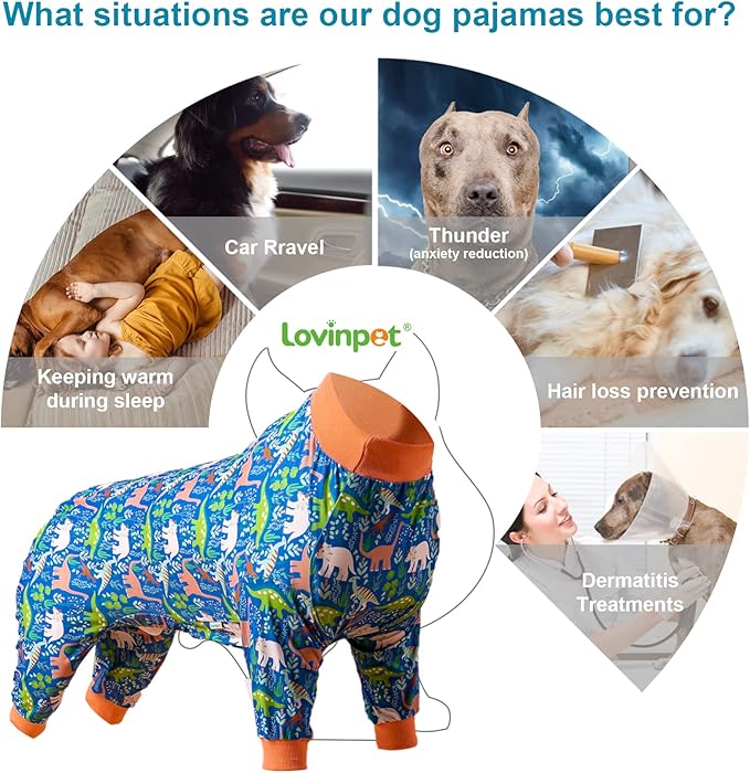 LovinPet Large Breed Dog Clothes Pajamas, Wound Care/Post Surgery Full Coverage Shirt, Dinosaur Land Blue Print, Lightweight Stretchy Knit Pullover Dog Onesie, Pet Pajamas for Dogs, Pet PJ's, L