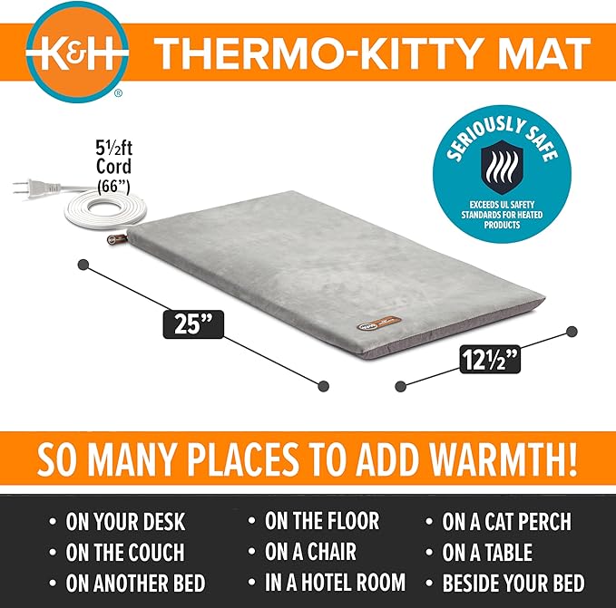 K&H Pet Products Heated Cat Bed Pad for Indoor Cats, Thermo-Kitty Mat Calming Warm Pet Heating Pad for Inside Pets, Machine Washable, Waterproof Heater, Safety Listed - 12.5 X 25in Gray
