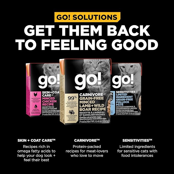 Go! Solutions Carnivore, Grain-Free, Protein Rich Wet Cat Food, Minced Lamb and Wild Boar Recipe, 6.4 oz