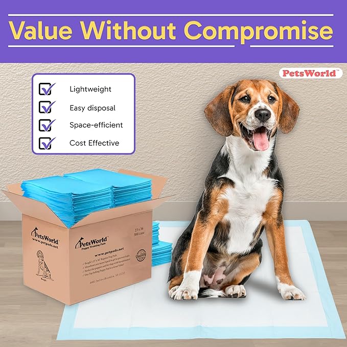PETSWORLD Puppy Pads, 23x36 Inch, 600 Count - Puppy Pee Pads for Dogs, Tear Resistant, Economy Value, Super-Absorbent Polymer Gel Core, Perfect for Puppies, Smaller Dogs