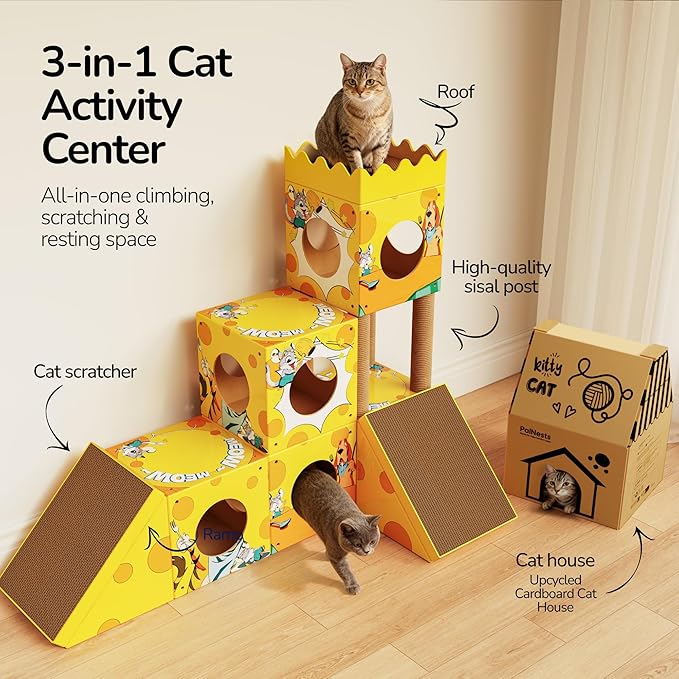 PalNests DIY Cat Tree, Multi-Level Cat Tower with Scratching Posts, Scratching Board, Tunnel & Playhouse for Kittens & Multiple Cats, Recyclable Cardboard, 48.8"×25"×40.2", Yellow Mouse