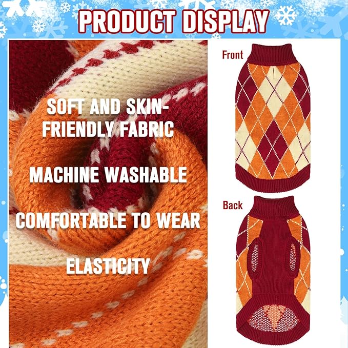 KOOLTAIL Small Dog Sweater, Knit Turtleneck Fall Thanksgiving Dog Sweaters for Medium Large Dogs, Plaid Pullover Cold Weather Knitwear Pet Winter Warm Clothes, Puppy Coat for Girls Boys, Orange S