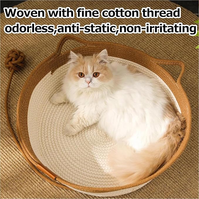 FHKPET Instinct Basket, Stimulicat Cat Bed, Stimulicat Cat Bed Rope Cotton with Cushion, Eliminates Bed Rejection Round Pet Basket, Boho Catbed for Cats Handwoven Scratchable Breathable Weave (Small)
