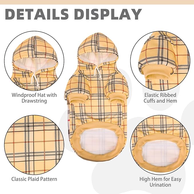 KOOLTAIL Plaid Dog Hoodie for Small Medium Large Dogs,Pet Clothes Sweater with Hat and Pocket for Cold Weather Winter, Soft&Warm Doggy Hooded Sweatshirt Coat Outfit for Puppy Cats Girls Boys Khaki SM