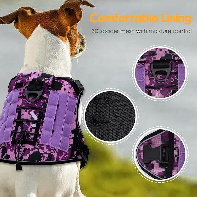 Heavy-Duty Tactical Dog Harness for Large Dogs, No Pull Adjustable Reflective Pet Vest with Molle System, K9 Military-Grade Control for Service Training, Outdoor & 10+ Breeds, Purple Camo, XX-Large