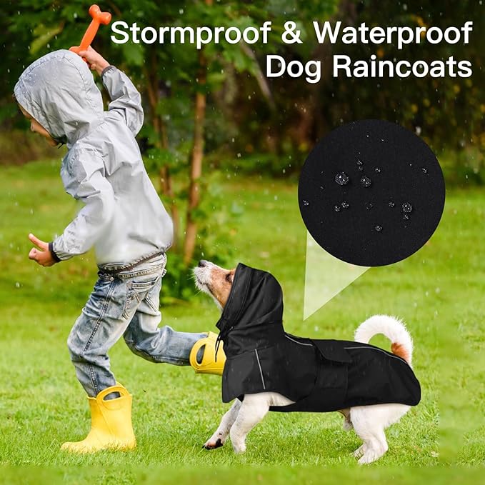 Waterproof Windproof Dog Raincoat with Full Body Coverage, Reflective Adjustable Hooded Jacket, Easy on Lightweight Dog Rain Coat for Large Dogs Poncho Breathable (Black, XXXXL)