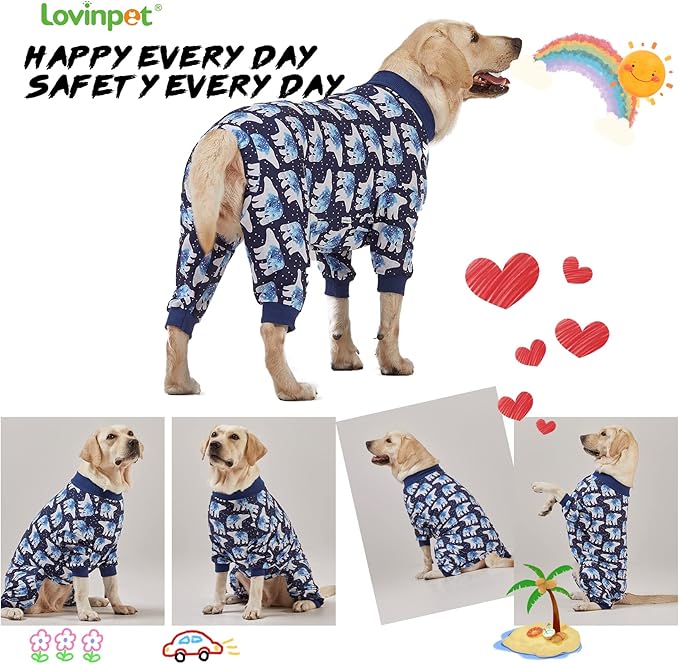LovinPet Big Dog Pajamas, Post Surgery Onesie UV Protection, Blue Triangle Print, Lightweight Stretchy Big Dogs Pullover Shirt, Full Coverage Large Breed Dog Jammies, Pet PJ's, 3XL