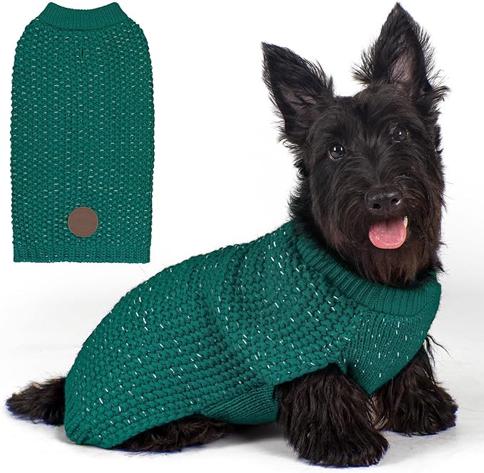 KYEESE Dog Sweater with Leash Hole Warm Pullover with Reflective Yarn for Small and Medium Dogs Male Soft Knit Pullover Boy Dog Coats Cozy Lightweight Thick Sweater,Green,Medium