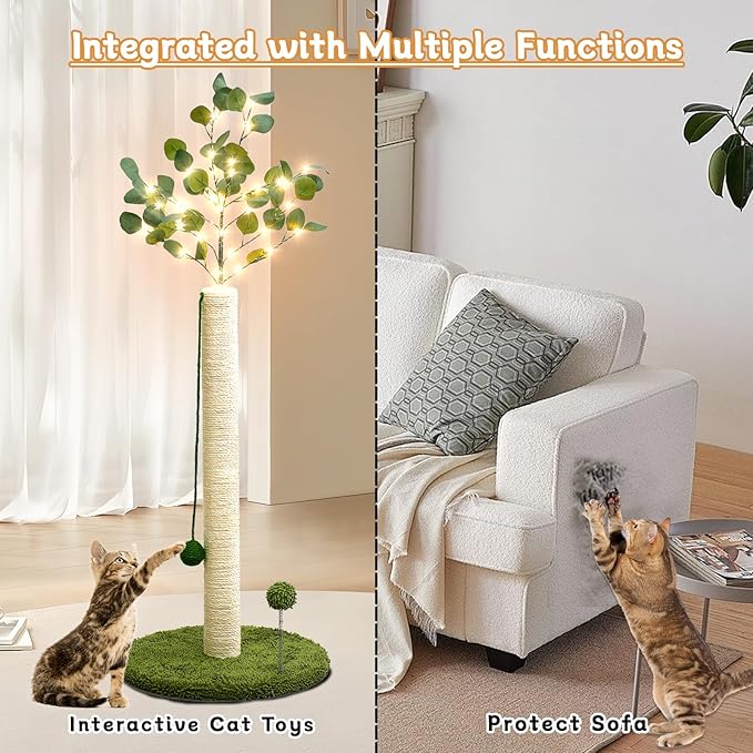 YYXISM Cat Scratching Post with Lights & Hanging Ball Toys Tall Sisal Rope Scratcher Tree Climbing Scratch Tower for Indoor Cats Adult Kitten