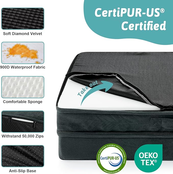 COZY KISS Orthopedic Dog Bed for Large Medium Size Dog, Dogs Crate Bed, L Shaped Foam Anti-Slip Bottom Pet Cat Sofa with Washable Removable Cover, Suitable for Pet Up to 75 lbs, 36x27x6.5 inch, Black
