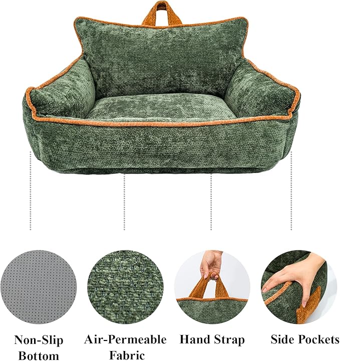 RAFASAFA Small Dog Bed, Washable Pet Bed with Removable Cover, with Sides, Carry Handle & Side Pockets .Plush Chenille Orthopedic Pet Bed Couch for Small Breed Dogs & Cats Calming