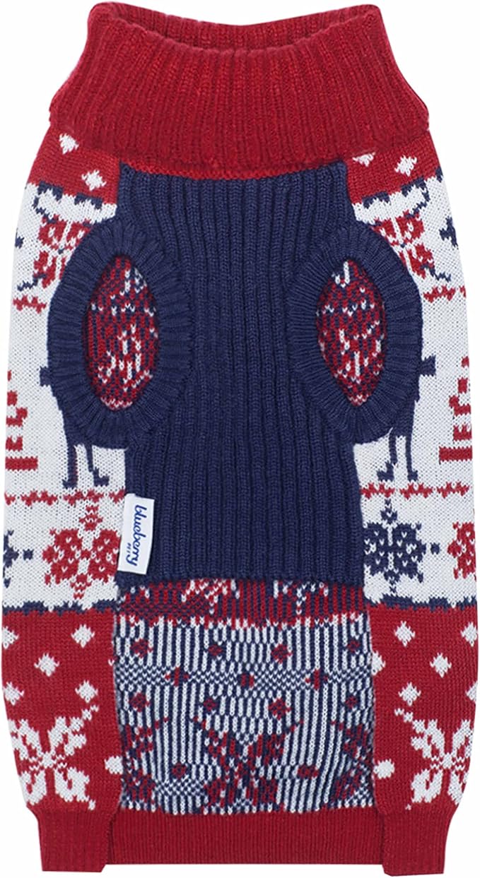 Blueberry Pet Ugly Christmas Reindeer Dog Sweater Turtleneck Holiday Family Matching Clothes for Dog, Tango Red & Navy Blue, Back Length 14", Warm Winter Outfit for Medium Dogs