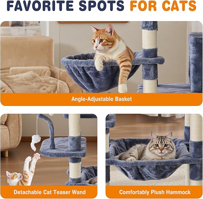 Aidoly Large Cat Tree 71 Inch, Multi-Level Tall Cat Tree Tower with Condo, Perches, Sisal Scratching Posts and Hammock, Pet Play House with Dangling Balls for Indoor Cats, Dark Grey