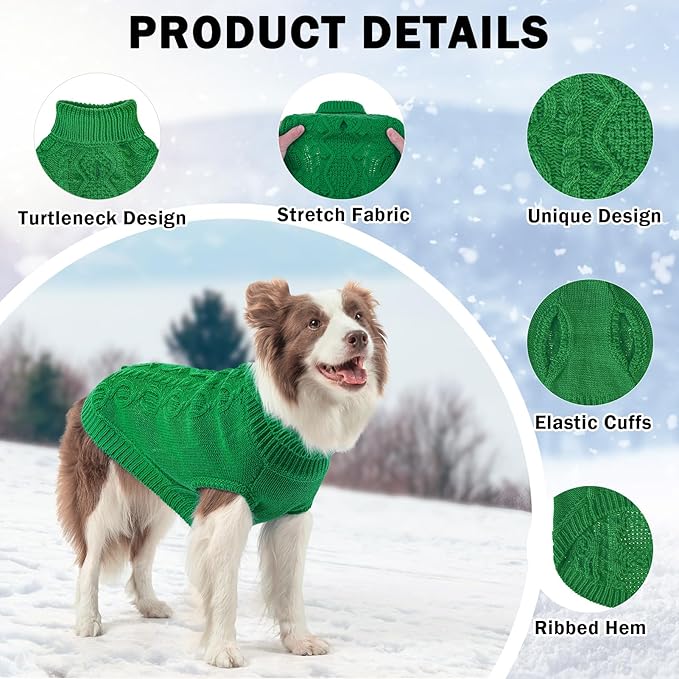 SCENEREAL Knitted Dog Sweater for Large Medium Small Dogs, Cat Dog Winter Coat Warm Sweatershirts Outfits, Classic Pet Clothes with Leash Hole, Soft Pet Knitwear Apparel for Girls Boys, Green XL