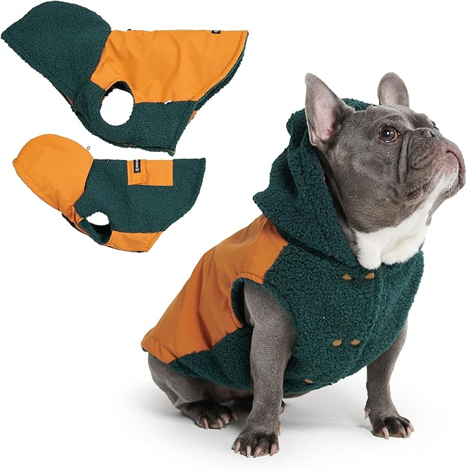 Spark Paws Reversible Fleece Dog Jacket, Hooded Sweater Vest, Warm Coat for Winter - Suitable for Small Medium Large XL XXL Dogs - Orange and Green - L