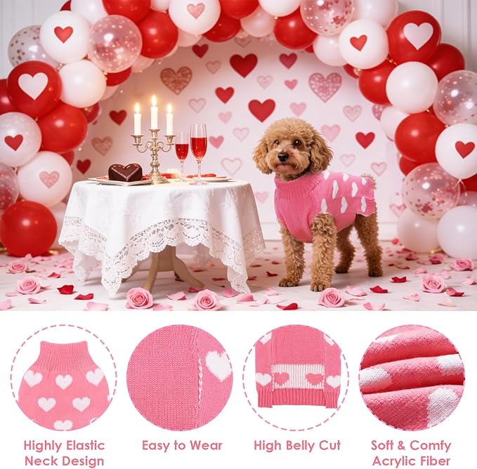 Valentines Dog Sweater, Knit Pet Small Dog Sweater Holiday Valentine’s Day Outfit Clothes for Small Medium Large Dogs Pets (Pink, Large)