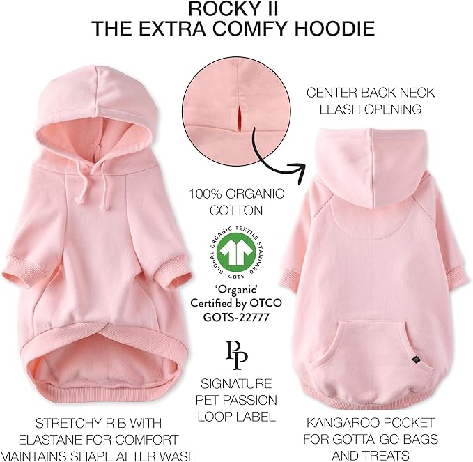 Rocky II - The Extra Comfy Hoodie, Organic Cotton and Recycled Poly Dog Hoodie Pet Coat Sweater for Small, Medium, Large Dogs, Pink, XX-Small