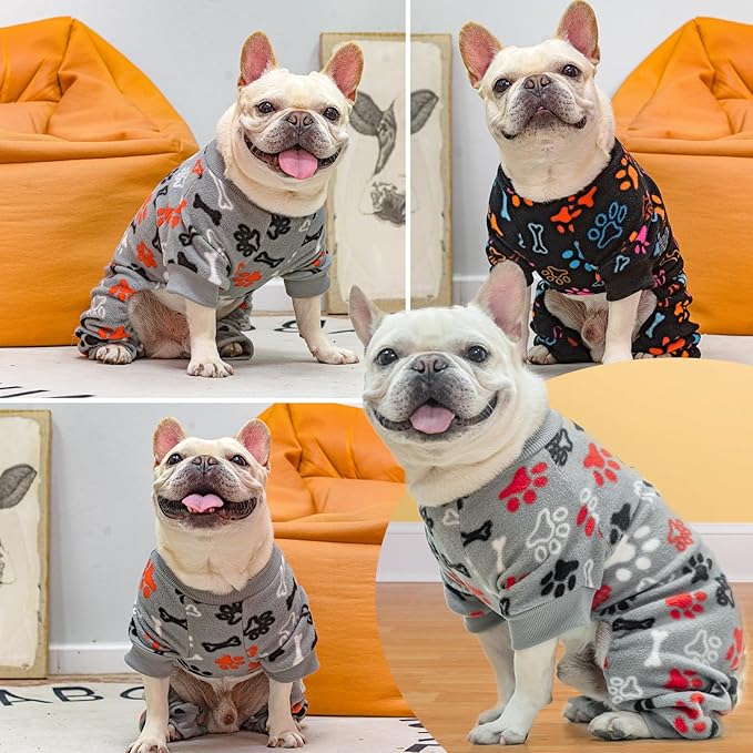 SCENEREAL Fleece Dog Pajamas for Small Medium Large Dogs, Warm Soft Puppy Jumpsuit, Adorable Bones Paw Print Pet Sweaters Clothes, Doggy Pjs Cat Coat for Boy Girl