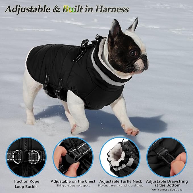 Dogcheer Dog Coat, Waterproof Dog Jacket with Harness, Reflective Adjustable Winter Coat with Zipper, Christmas Pet Snow Jacket Clothes for Small Medium Large Dogs - Black XS