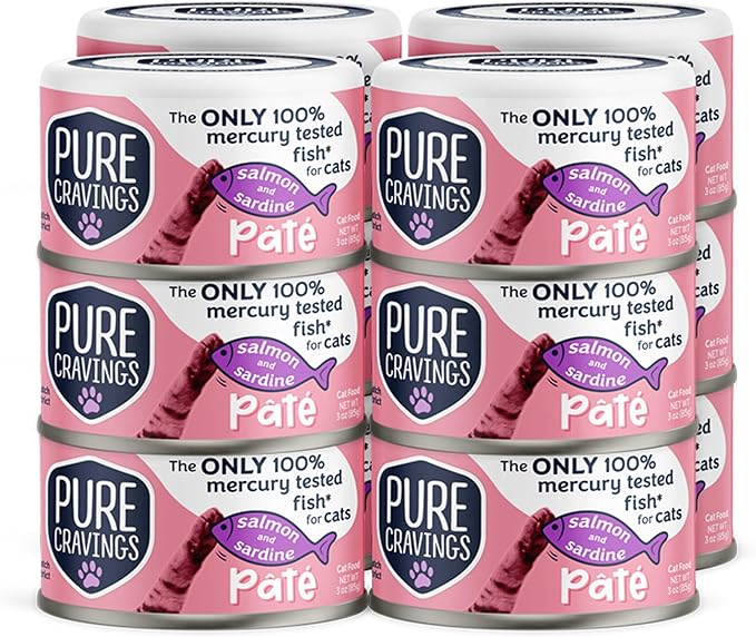 Pure Cravings Salmon and Sardine Pate, Canned Wet Cat Food, 100% Mercury-Tested, Moist Can Fish, Grain-Free Protein, Non-GMO, 12 Pack