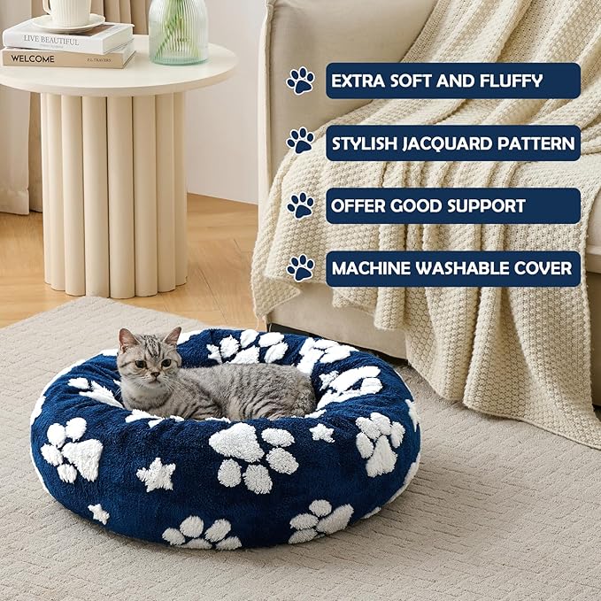 Yaning Donut Dog Beds for Small Dogs, Calming Round Cat Beds for Indoor Cats, Cute 3D Textured Paw Pet Bed with Removable Washable Cover and Anti-Slip Bottom（Navy Blue，20"）
