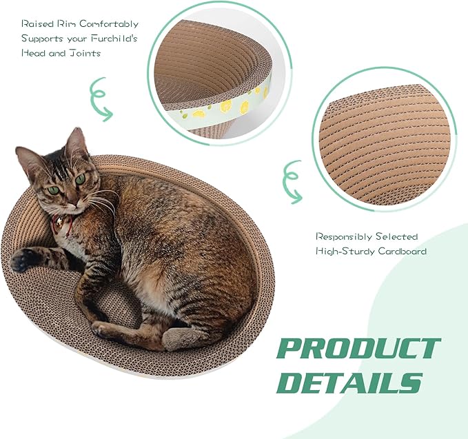 ROMOHOM Oval Cardboard Cat Scratcher Bed Lounge Couch for Indoor Cats, Cat Scratching Board Large Lounger, Durable Cat Scratch Pad Box Furniture 19.5 x 15.6 x 4.7 Inch