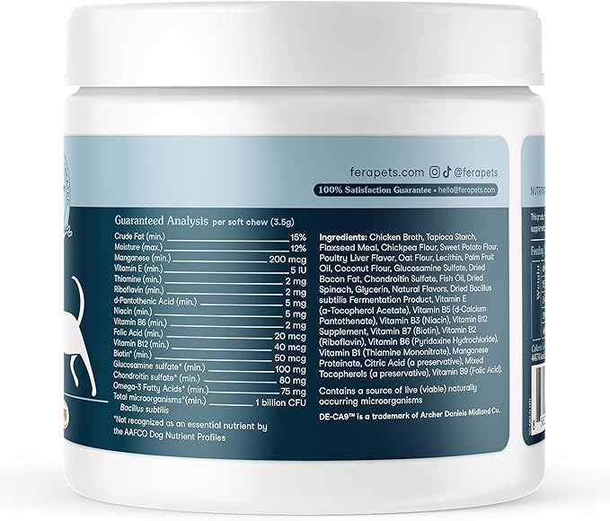 Fera Pets Dog Multivitamin Chews with Glucosamine and Probiotics - Essential Dog Vitamins & Minerals - Promotes Healthy Digestion & Joints - Boosts Skin & Coat Health with Omega-3s - 30 Soft Chews