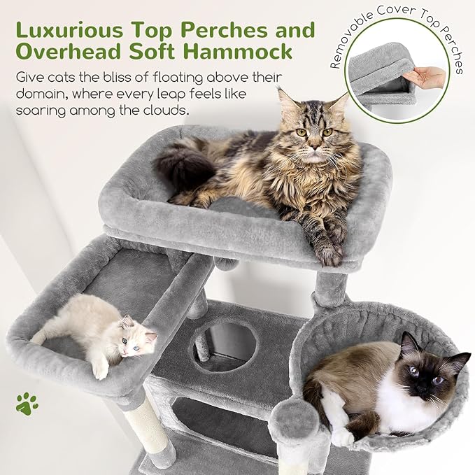 Globlazer XXL Giant Cat Tree, 83 Inch Heavy Duty Tall Cat Tower for Indoor Cats Large Adult, Multi-Level Large Cat Condo with 8 Scratching Posts, Hammock, 2 Cat Caves, 2 Platform, F83B, Light Grey
