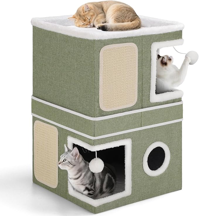 2-Storey Cat House for Indoor Cats, Separate Into 2 Large Cat Bed Cave with Hideaway Condos, Scratch Pads, Hanging Balls, Foldable Indoor Cat House, Cat Cube for Multiple Cats Kitten, Green