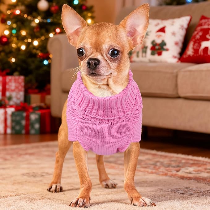 Dog Sweaters for Small Dogs Warm Dog Clothes Winter Chihuahua Clothes Girl Boy Puppy Sweater Cable Knitted Doggy Coat Soft Mini Dachshund Sweater with Turtleneck Pullover Design (Pink, Medium)