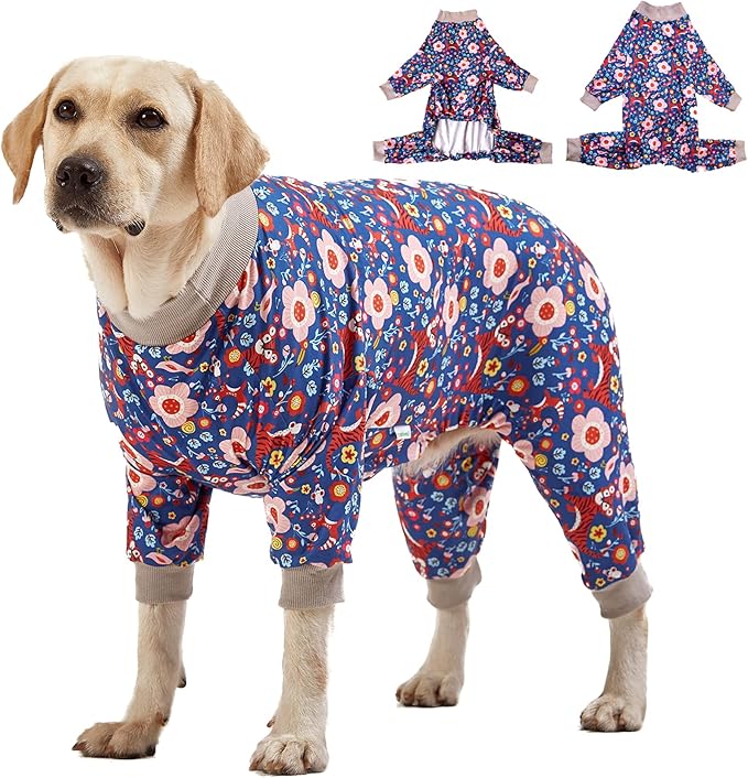 LovinPet Pit Bull Pajamas Large Dogs PJS - Tiger Garden Blue and Pink Print/Lightweight Stretchy Knit Big Dog Pullover Jammies, Large Breed Dog Pajamas, Pet PJ's, L