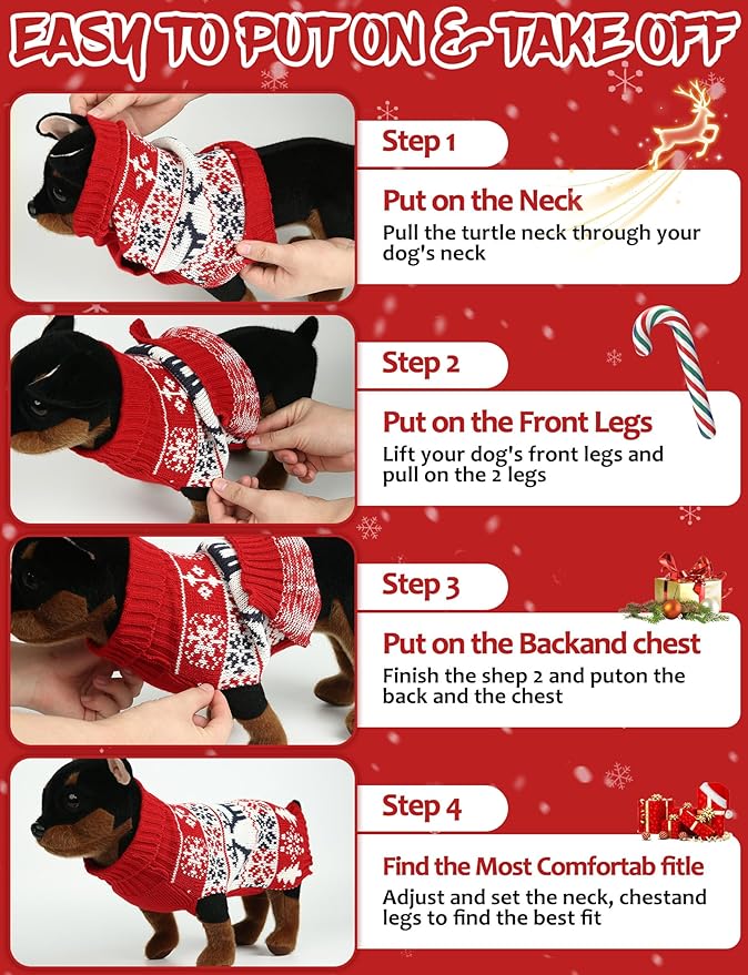 2PCS Dog Christmas Sweater, Soft Warm Pet Clothes Coat for Small Medium Large Dogs and Cats Boy Girl, Fall Cozy Holiday Turtleneck Knitting Collar Pullover Pup Outfit Costume for Thanksgiving New Year