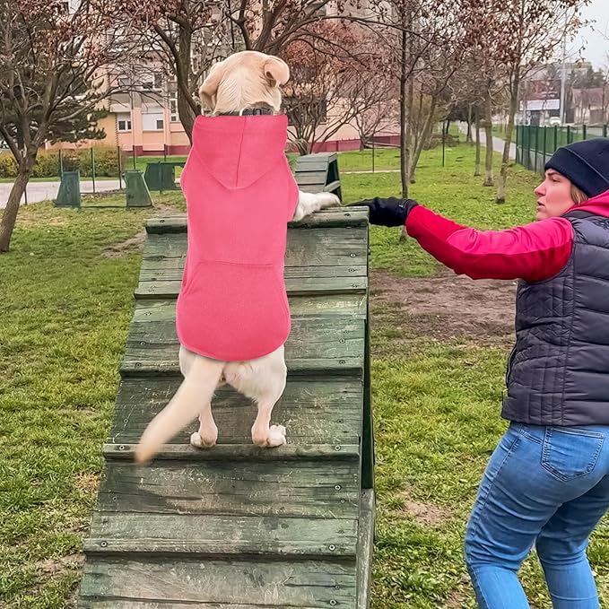 Dog Sweaters,Dog Hoodie,Cozy Fleece Interior Sweatshirt with Hood & Pocket,Leash Hole,Pet Clothes Sweater for Small,Medium,and Large Dogs,Pink&XL