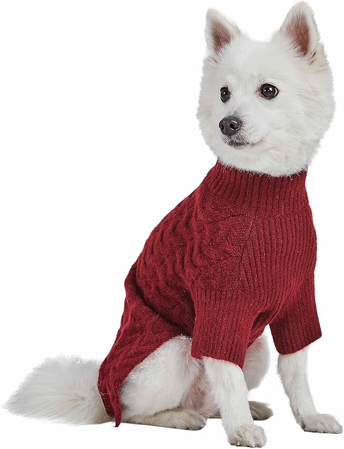 Blueberry Pet Classic Fuzzy Textured Knit Pullover Turtle-Neck Dog Sweater in Burgundy Red, Back Length 10", Pack of 1 Clothes for Dogs