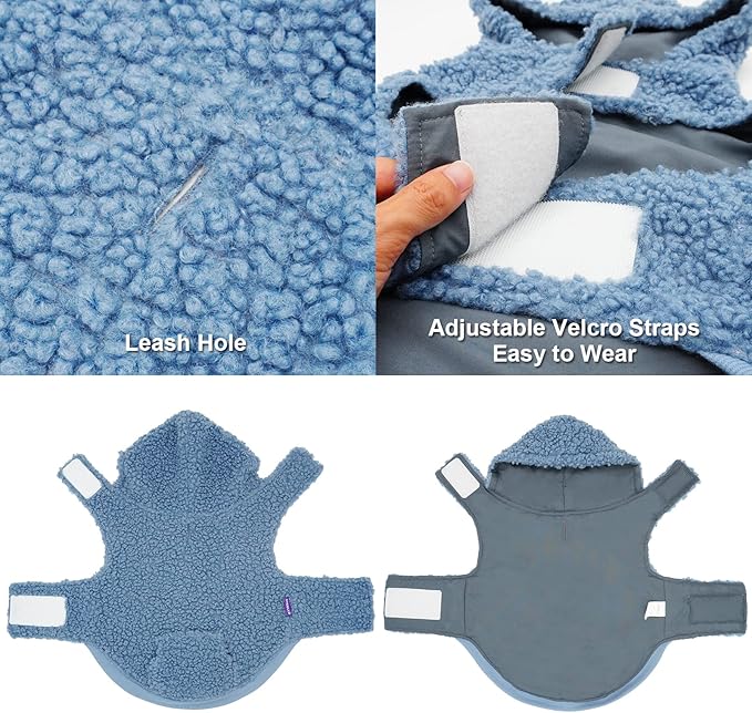 cyeollo Sherpa Dog Hoodie Reversible Vest for Dogs Waterproof Windproof Cozy Winter Clothes Thermal Fuzzy Cold Weather Coats Sweatshirt with Pocket Puppy Cat Apparel, Blue Small