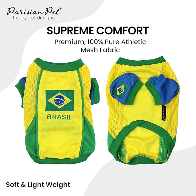 Parisian Pet Dog Jersey – Embroidered Brasil Mesh Fabric Soccer & Sportswear – Lightweight Football Olympic Pet Clothes for Large Dogs - L