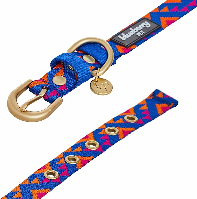 Blueberry Pet Southwestern Tribal Triangles Navy Blue Adjustable Dog Collar with Metal Buckle, Neck 19.5-26", for Large Breed