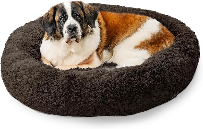 Best Friends by Sheri Original Calming Donut Dog and Cat Bed, Shag Faux Fur, Dark Brown, XL (45in x 45in) - Anxiety Relief for Pets Up to 150 lbs