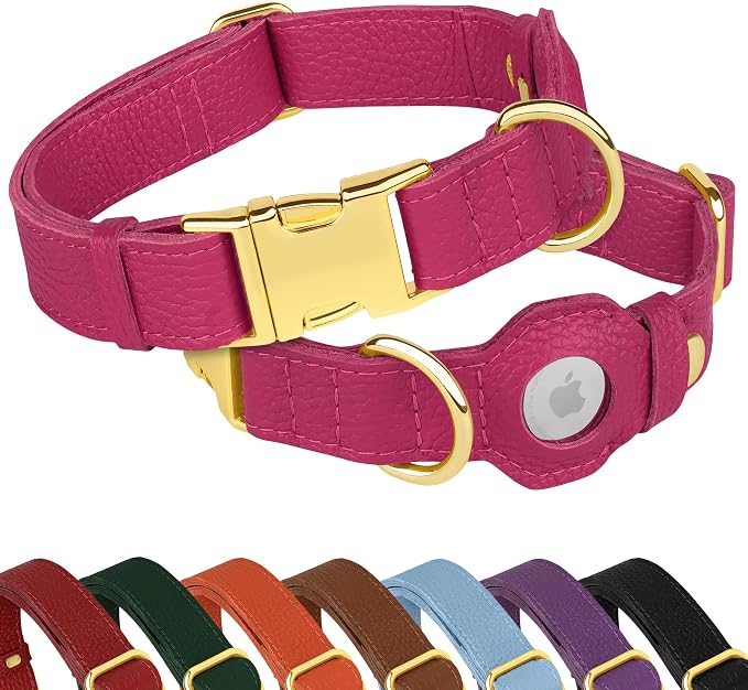 Leather Airtag Dog Collar - Soft Tracking Dog Collar with Apple AirTag Holder and Metal Buckle - Safety GPS Pet Collars for Small Medium Large Dogs Puppy Pink Red (Pink, M, 14"-18" Neck Fit)