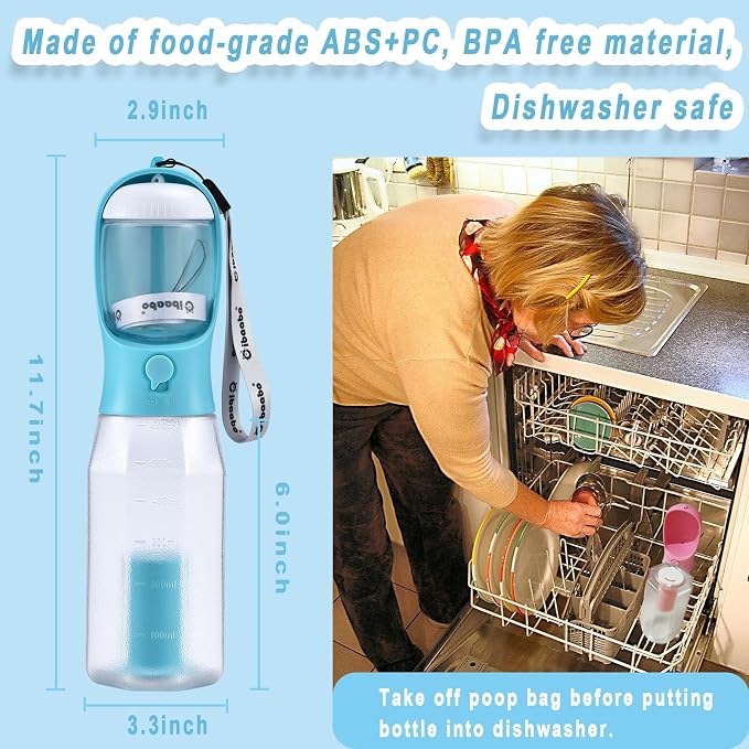 Cibaabo Dog Water Bottle with Food Container & Poop Bag Holder & Filter | Feeding & Hydration & Waste All in One | Travel Puppy Water Bowl | Portable Pet Dispenser | Dog Gifts | for Walking Beach
