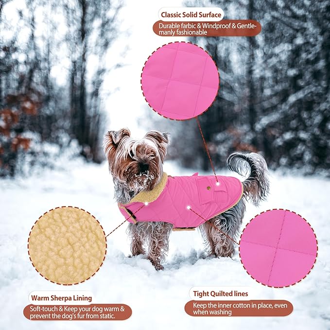 Winter Coat for Small Dogs, Puppy Plaid Jacket, Cotton Coat for Cold Weather, Windproof Warm Dog Garments, Pet Thickened Outfits Indoor Outdoor, Pink S