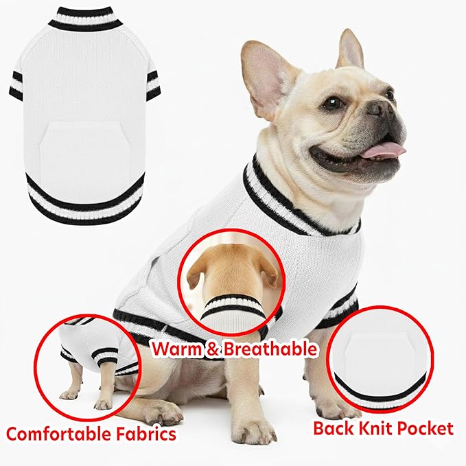 Grewear Pets Knit Sweater with Knit Back Pocket, Warm Comfortable Sweater for Pets, Soft Cozy Winter Pet Clothes, Stylish Multi-Colored Sweater for Dogs & Cats White XS